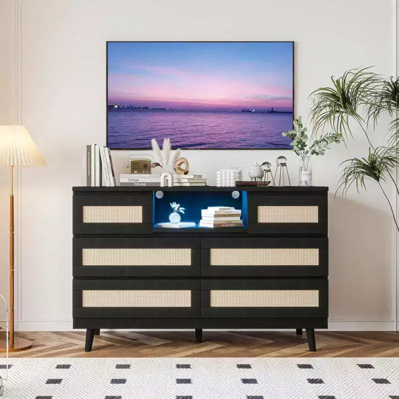 Grande commode en rotin et bois à 6 tiroirs, commodes en bois naturel avec lumière LED et station de recharge pour placard, chambre d'enfant, salon