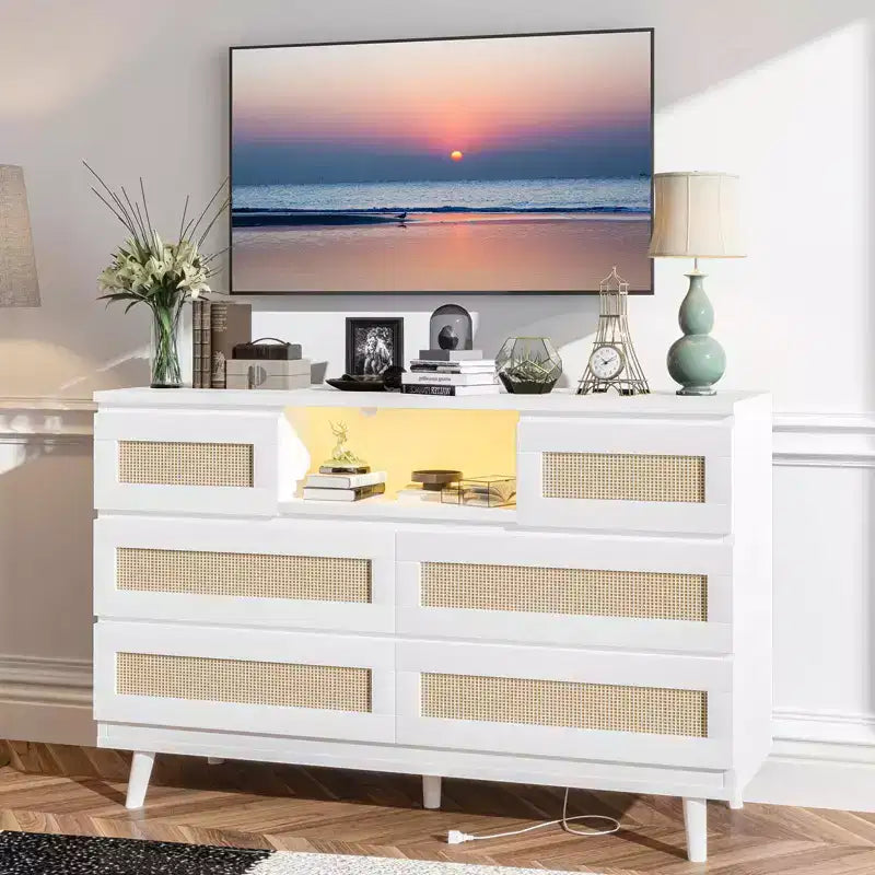 Grande commode en rotin et bois à 6 tiroirs, commodes en bois naturel avec lumière LED et station de recharge pour placard, chambre d'enfant, salon