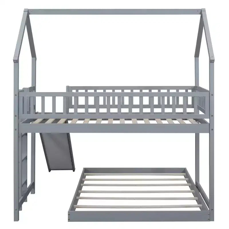 Lit superposé cabane jumeau sur grand avec échelle intégrée et toboggan, cadre de lit superposé en bois avec garde-corps pleine longueur pour chambre de filles et de garçons
