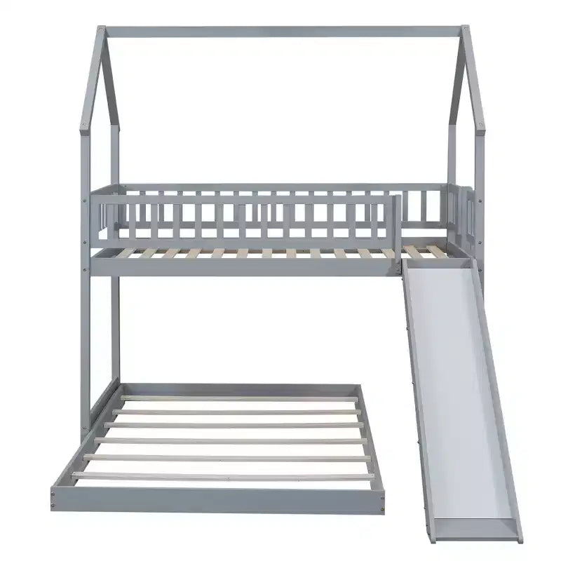 Lit superposé cabane jumeau sur grand avec échelle intégrée et toboggan, cadre de lit superposé en bois avec garde-corps pleine longueur pour chambre de filles et de garçons