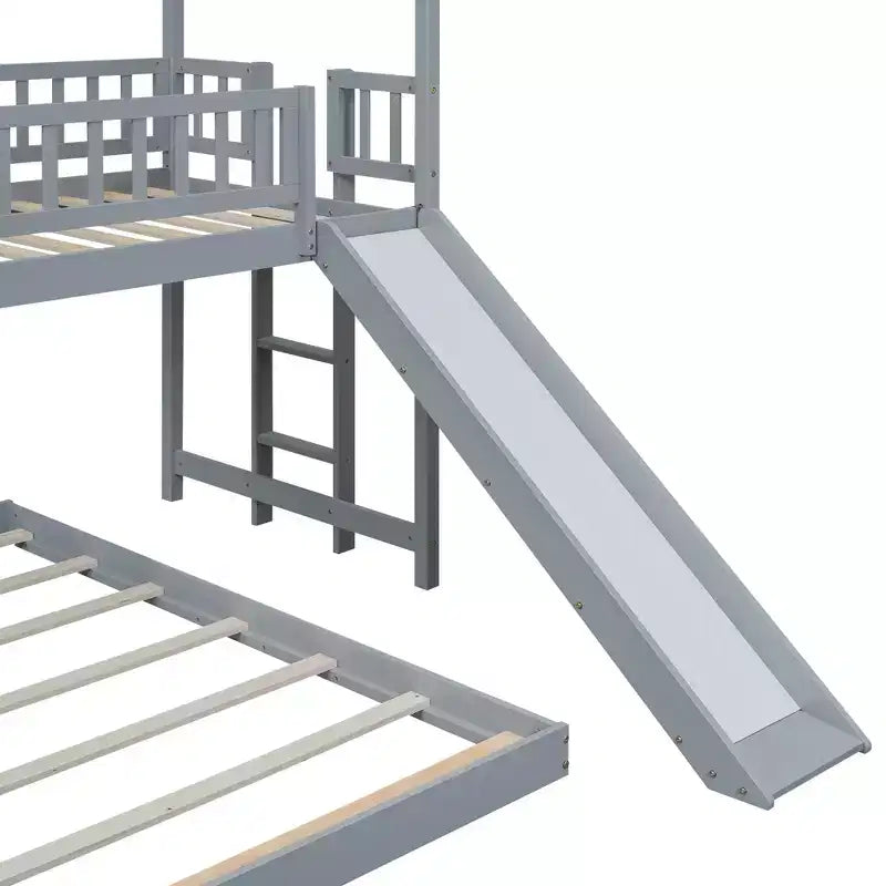 Lit superposé cabane jumeau sur grand avec échelle intégrée et toboggan, cadre de lit superposé en bois avec garde-corps pleine longueur pour chambre de filles et de garçons