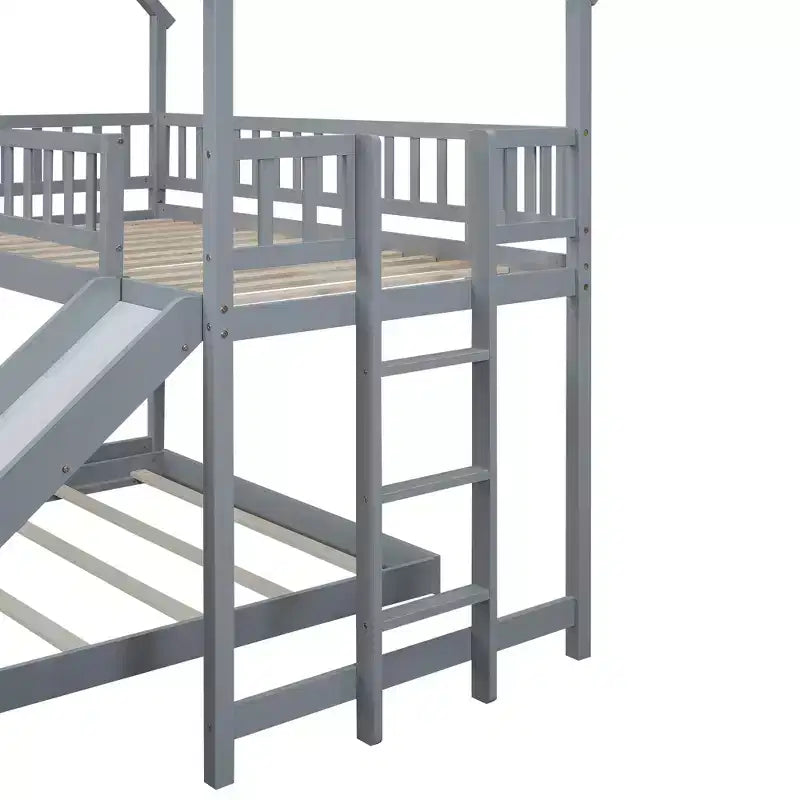 Lit superposé cabane jumeau sur grand avec échelle intégrée et toboggan, cadre de lit superposé en bois avec garde-corps pleine longueur pour chambre de filles et de garçons