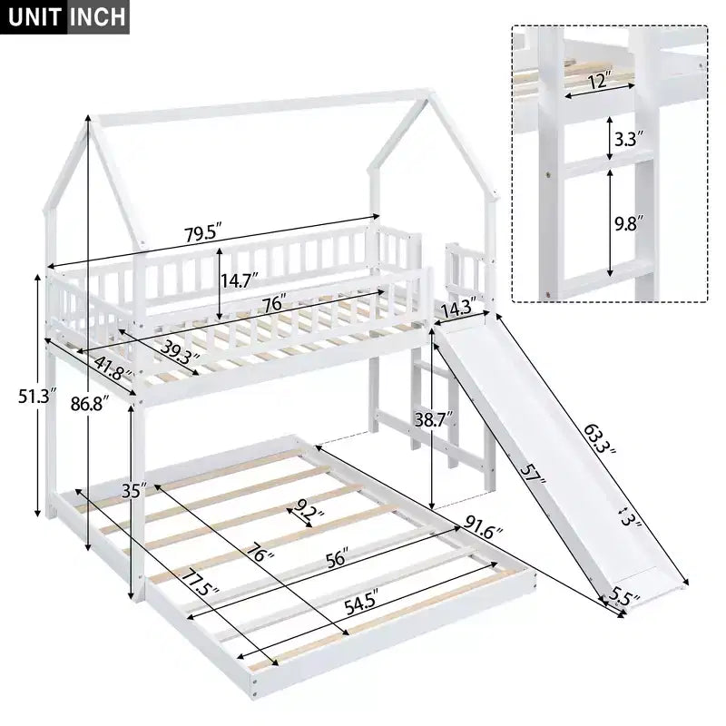Lit superposé cabane jumeau sur grand avec échelle intégrée et toboggan, cadre de lit superposé en bois avec garde-corps pleine longueur pour chambre de filles et de garçons