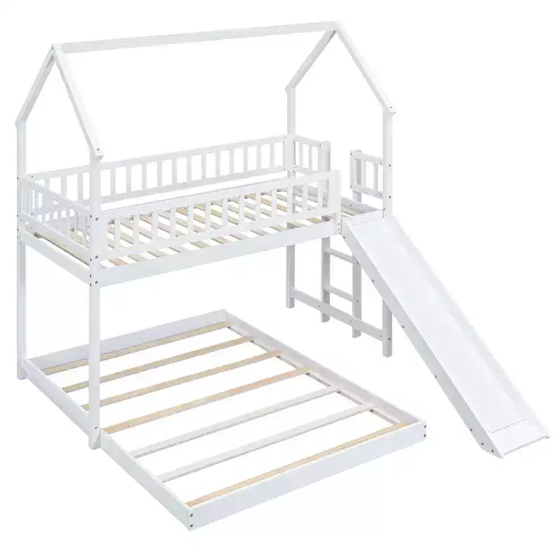 Lit superposé cabane jumeau sur grand avec échelle intégrée et toboggan, cadre de lit superposé en bois avec garde-corps pleine longueur pour chambre de filles et de garçons