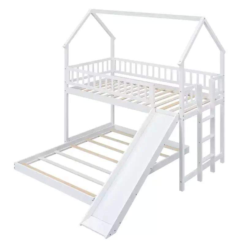 Lit superposé cabane jumeau sur grand avec échelle intégrée et toboggan, cadre de lit superposé en bois avec garde-corps pleine longueur pour chambre de filles et de garçons