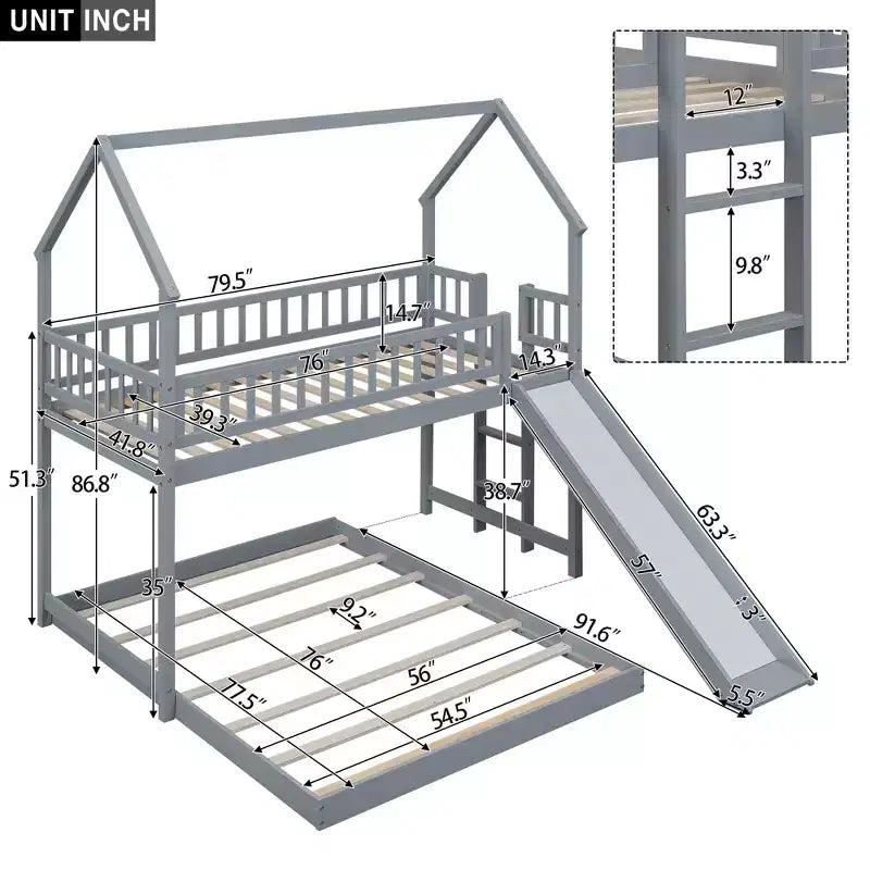 Lit superposé cabane jumeau sur grand avec échelle intégrée et toboggan, cadre de lit superposé en bois avec garde-corps pleine longueur pour chambre de filles et de garçons