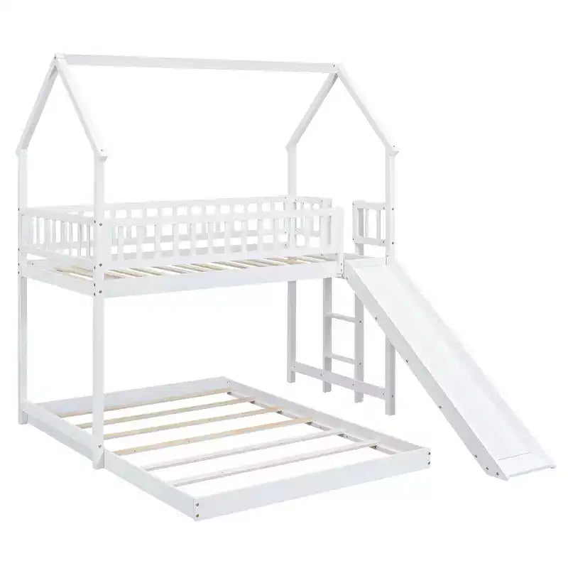 Lit superposé cabane jumeau sur grand avec échelle intégrée et toboggan, cadre de lit superposé en bois avec garde-corps pleine longueur pour chambre de filles et de garçons