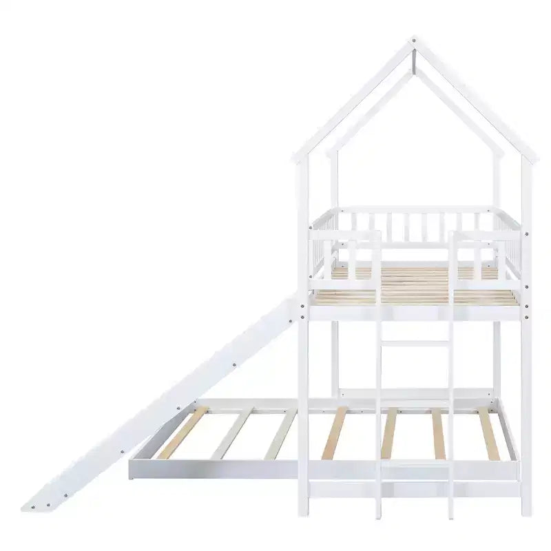 Lit superposé cabane jumeau sur grand avec échelle intégrée et toboggan, cadre de lit superposé en bois avec garde-corps pleine longueur pour chambre de filles et de garçons