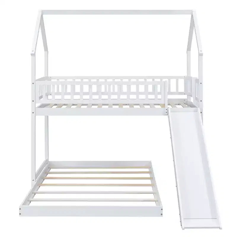 Lit superposé cabane jumeau sur grand avec échelle intégrée et toboggan, cadre de lit superposé en bois avec garde-corps pleine longueur pour chambre de filles et de garçons