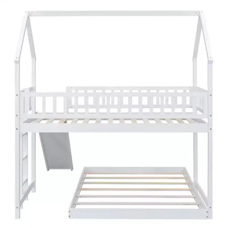 Lit superposé cabane jumeau sur grand avec échelle intégrée et toboggan, cadre de lit superposé en bois avec garde-corps pleine longueur pour chambre de filles et de garçons