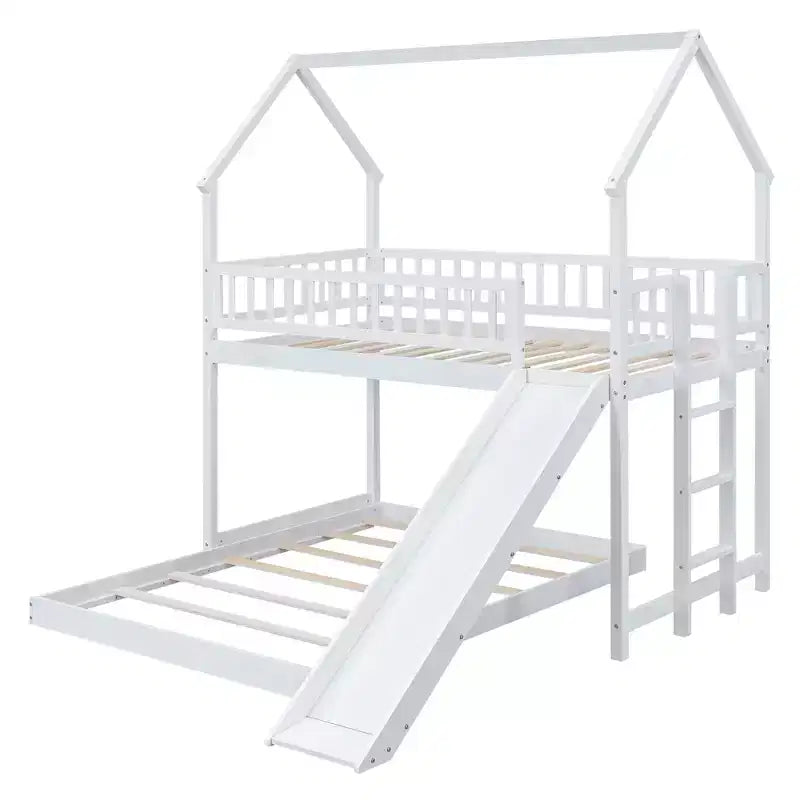 Lit superposé cabane jumeau sur grand avec échelle intégrée et toboggan, cadre de lit superposé en bois avec garde-corps pleine longueur pour chambre de filles et de garçons
