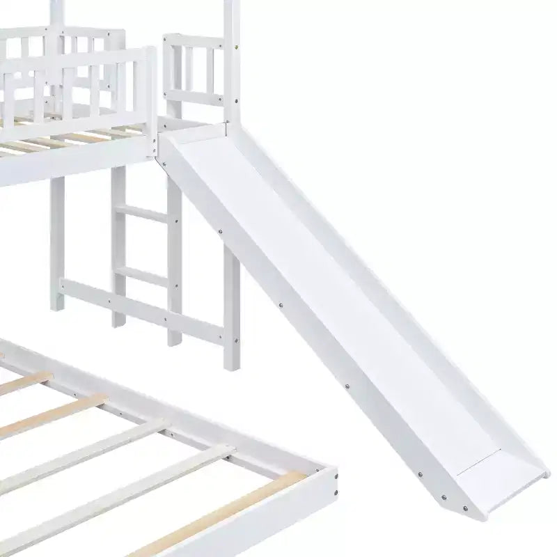Lit superposé cabane jumeau sur grand avec échelle intégrée et toboggan, cadre de lit superposé en bois avec garde-corps pleine longueur pour chambre de filles et de garçons