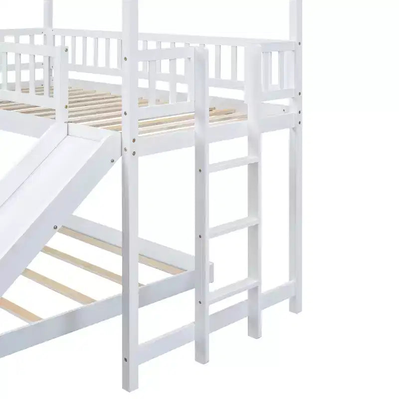 Lit superposé cabane jumeau sur grand avec échelle intégrée et toboggan, cadre de lit superposé en bois avec garde-corps pleine longueur pour chambre de filles et de garçons