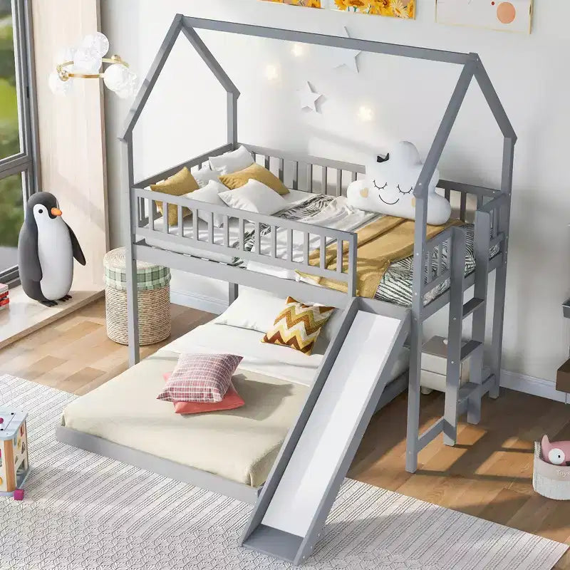Lit superposé cabane jumeau sur grand avec échelle intégrée et toboggan, cadre de lit superposé en bois avec garde-corps pleine longueur pour chambre de filles et de garçons