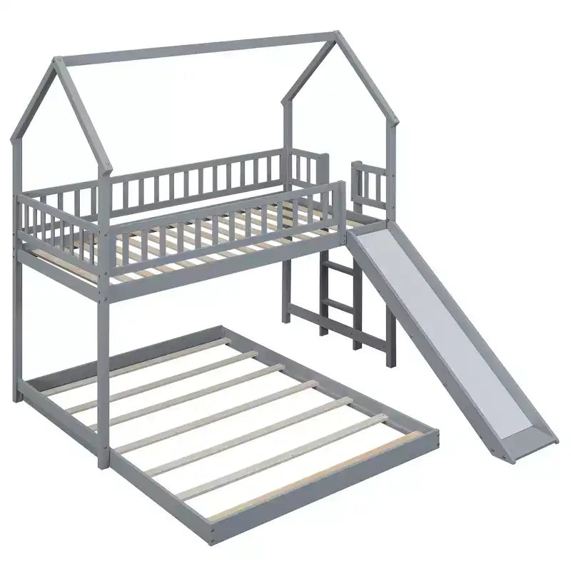 Lit superposé cabane jumeau sur grand avec échelle intégrée et toboggan, cadre de lit superposé en bois avec garde-corps pleine longueur pour chambre de filles et de garçons