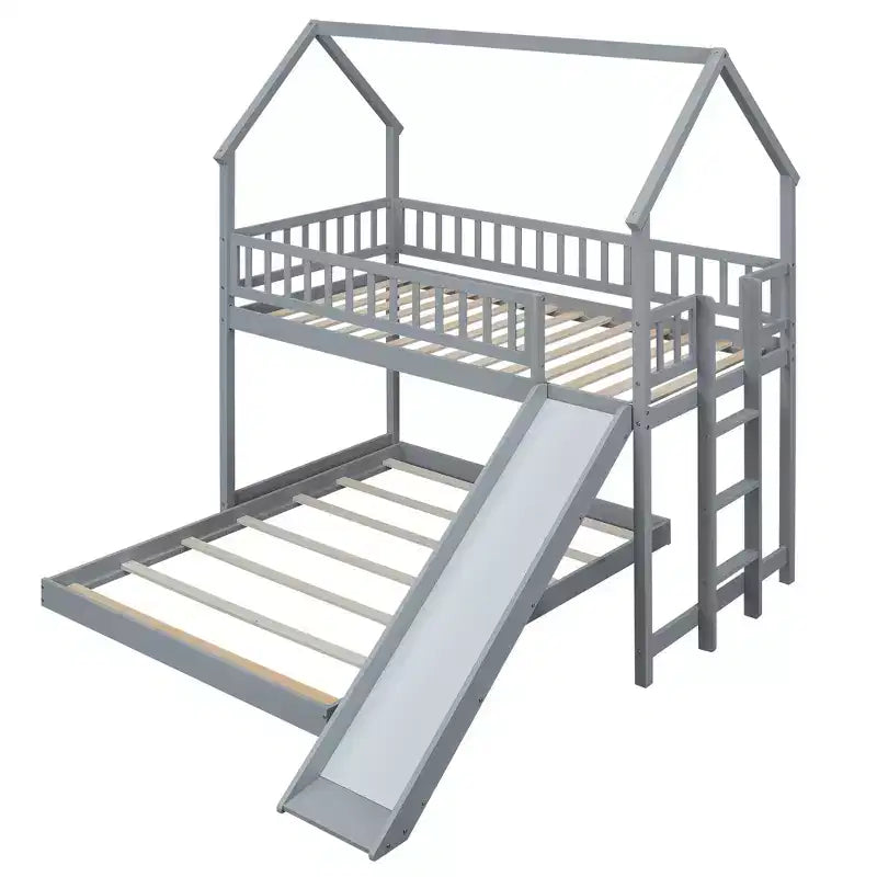 Lit superposé cabane jumeau sur grand avec échelle intégrée et toboggan, cadre de lit superposé en bois avec garde-corps pleine longueur pour chambre de filles et de garçons