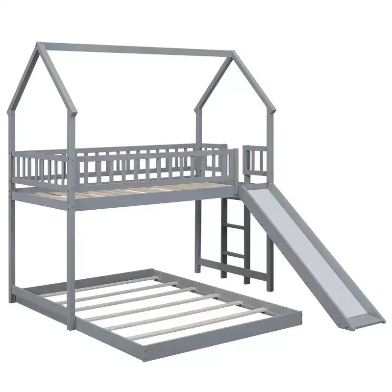 Lit superposé cabane jumeau sur grand avec échelle intégrée et toboggan, cadre de lit superposé en bois avec garde-corps pleine longueur pour chambre de filles et de garçons