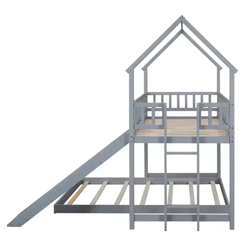 Lit superposé cabane jumeau sur grand avec échelle intégrée et toboggan, cadre de lit superposé en bois avec garde-corps pleine longueur pour chambre de filles et de garçons