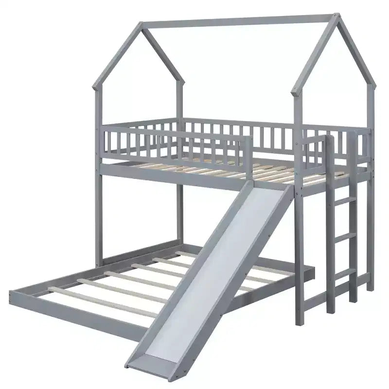 Lit superposé cabane jumeau sur grand avec échelle intégrée et toboggan, cadre de lit superposé en bois avec garde-corps pleine longueur pour chambre de filles et de garçons