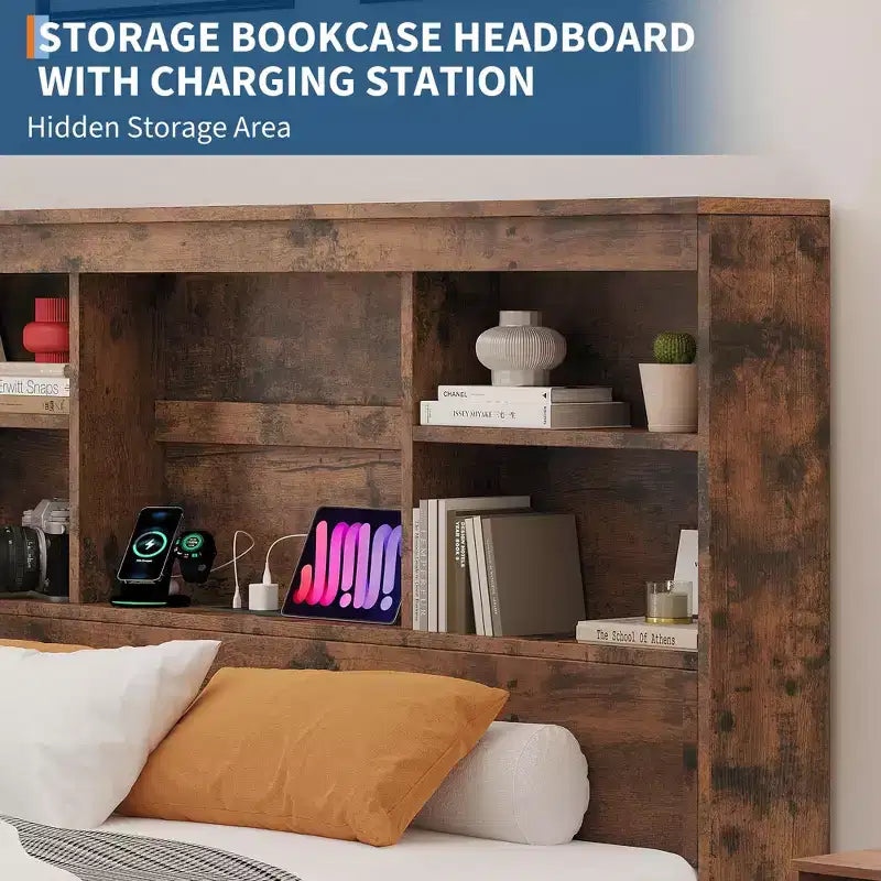 Lit King Size avec tête de lit bibliothèque haute de rangement, cadre de lit en bois avec 4 tiroirs de rangement, station de charge intégrée, pas besoin de sommier tapissier