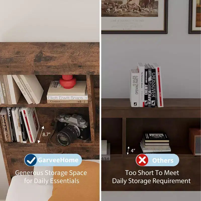 Lit King Size avec tête de lit bibliothèque haute de rangement, cadre de lit en bois avec 4 tiroirs de rangement, station de charge intégrée, pas besoin de sommier tapissier