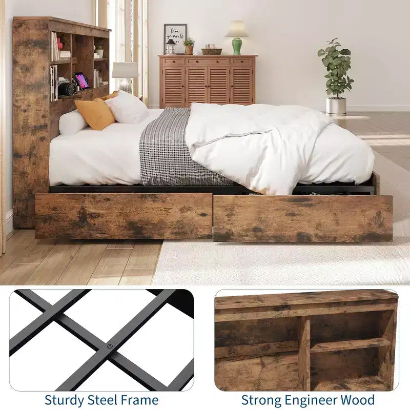 Lit King Size avec tête de lit bibliothèque haute de rangement, cadre de lit en bois avec 4 tiroirs de rangement, station de charge intégrée, pas besoin de sommier tapissier