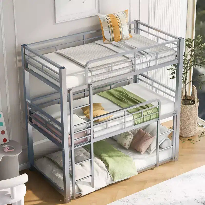 Lit superposé triple en métal pour 3 enfants, lits superposés jumeaux 3 en 1 avec échelle et barrière de sécurité pour chambre à coucher