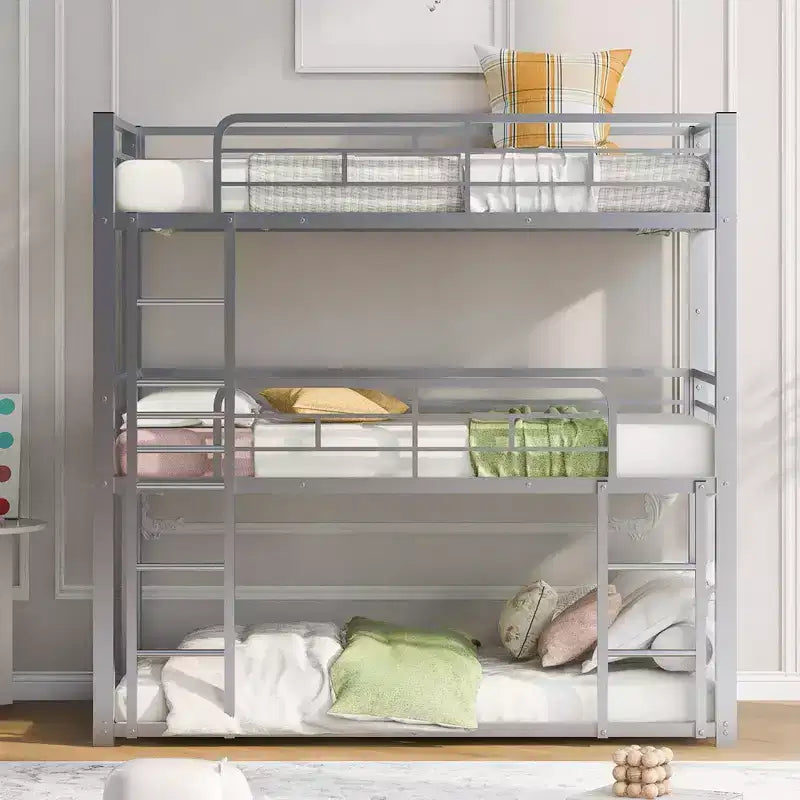 Lit superposé triple en métal pour 3 enfants, lits superposés jumeaux 3 en 1 avec échelle et barrière de sécurité pour chambre à coucher