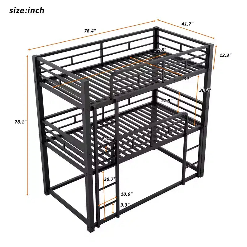 Lit superposé triple en métal pour 3 enfants, lits superposés jumeaux 3 en 1 avec échelle et barrière de sécurité pour chambre à coucher