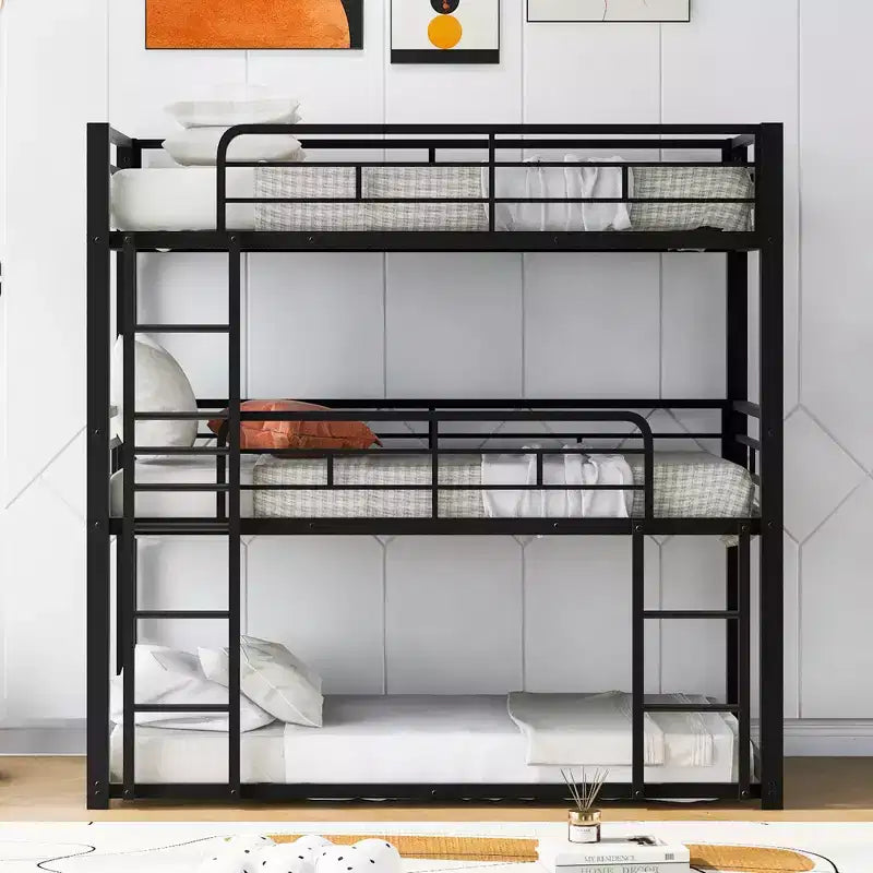 Lit superposé triple en métal pour 3 enfants, lits superposés jumeaux 3 en 1 avec échelle et barrière de sécurité pour chambre à coucher