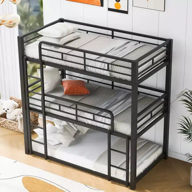 Lit superposé triple en métal pour 3 enfants, lits superposés jumeaux 3 en 1 avec échelle et barrière de sécurité pour chambre à coucher