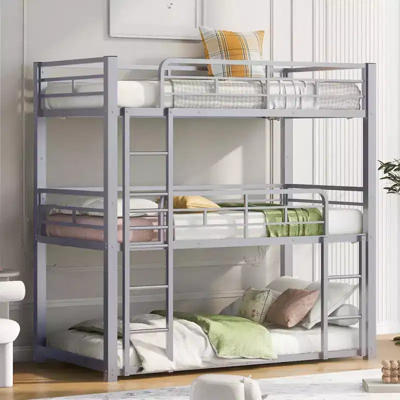 Lit superposé triple en métal pour 3 enfants, lits superposés jumeaux 3 en 1 avec échelle et barrière de sécurité pour chambre à coucher