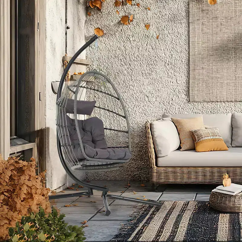 Fauteuil suspendu œuf intérieur extérieur avec support, fauteuil balançoire œuf en osier pour patio avec coussin Capacité 159 kg