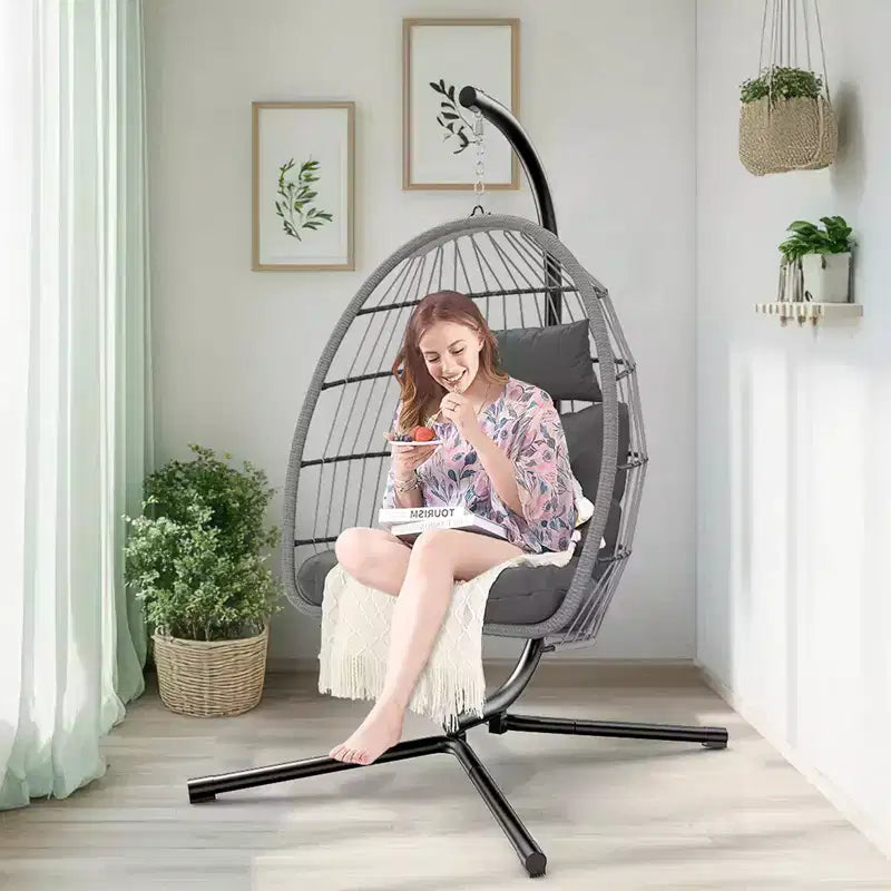 Fauteuil suspendu œuf intérieur extérieur avec support, fauteuil balançoire œuf en osier pour patio avec coussin Capacité 159 kg