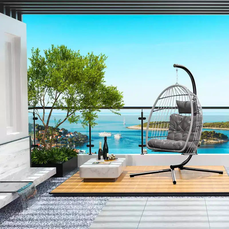 Fauteuil suspendu œuf intérieur extérieur avec support, fauteuil balançoire œuf en osier pour patio avec coussin Capacité 159 kg