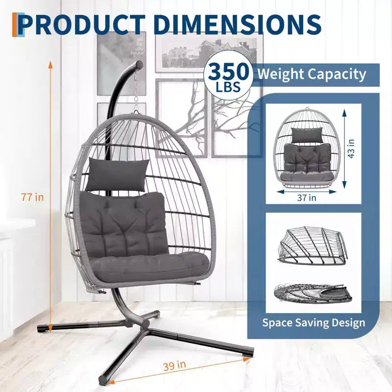 Fauteuil suspendu œuf intérieur extérieur avec support, fauteuil balançoire œuf en osier pour patio avec coussin Capacité 159 kg