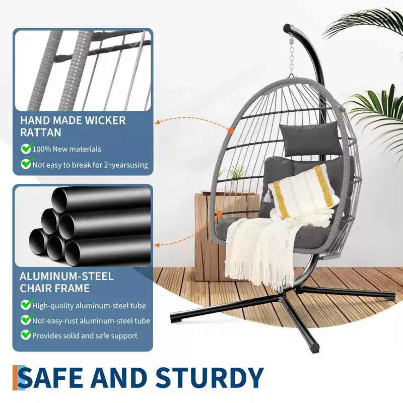Fauteuil suspendu œuf intérieur extérieur avec support, fauteuil balançoire œuf en osier pour patio avec coussin Capacité 159 kg