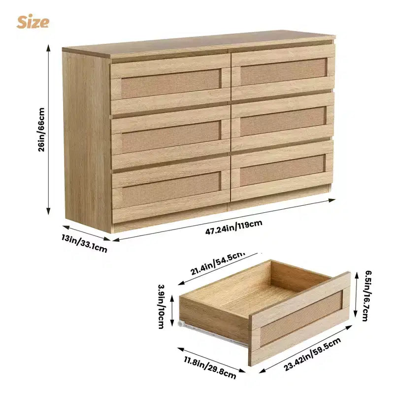 Commode 6 tiroirs en bois et rotin avec station de charge et base solide, organisateur de rangement pour salon, couloir