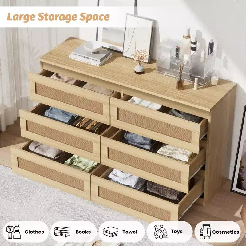 Commode 6 tiroirs en bois et rotin avec station de charge et base solide, organisateur de rangement pour salon, couloir