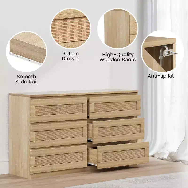 Commode 6 tiroirs en bois et rotin avec station de charge et base solide, organisateur de rangement pour salon, couloir