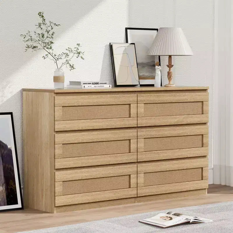 Commode 6 tiroirs en bois et rotin avec station de charge et base solide, organisateur de rangement pour salon, couloir