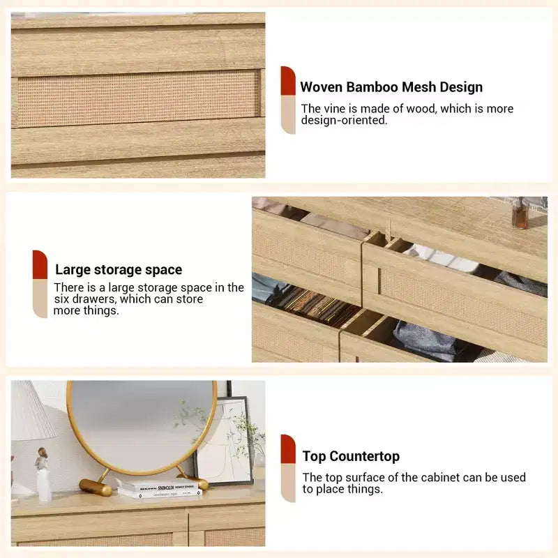Commode 6 tiroirs en bois et rotin avec station de charge et base solide, organisateur de rangement pour salon, couloir