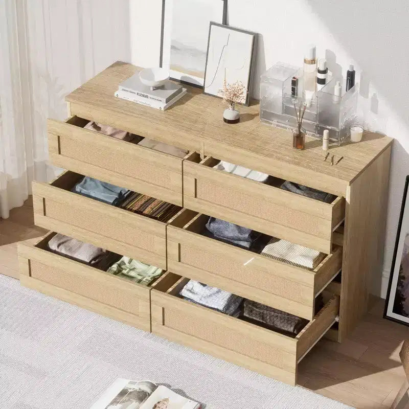 Commode 6 tiroirs en bois et rotin avec station de charge et base solide, organisateur de rangement pour salon, couloir