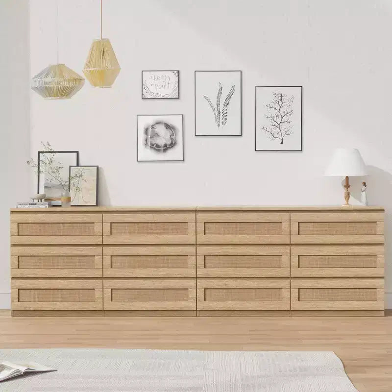 Commode 6 tiroirs en bois et rotin avec station de charge et base solide, organisateur de rangement pour salon, couloir