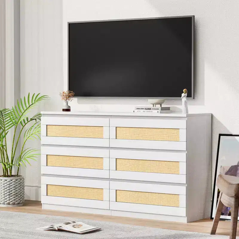 Commode 6 tiroirs en bois et rotin avec station de charge et base solide, organisateur de rangement pour salon, couloir