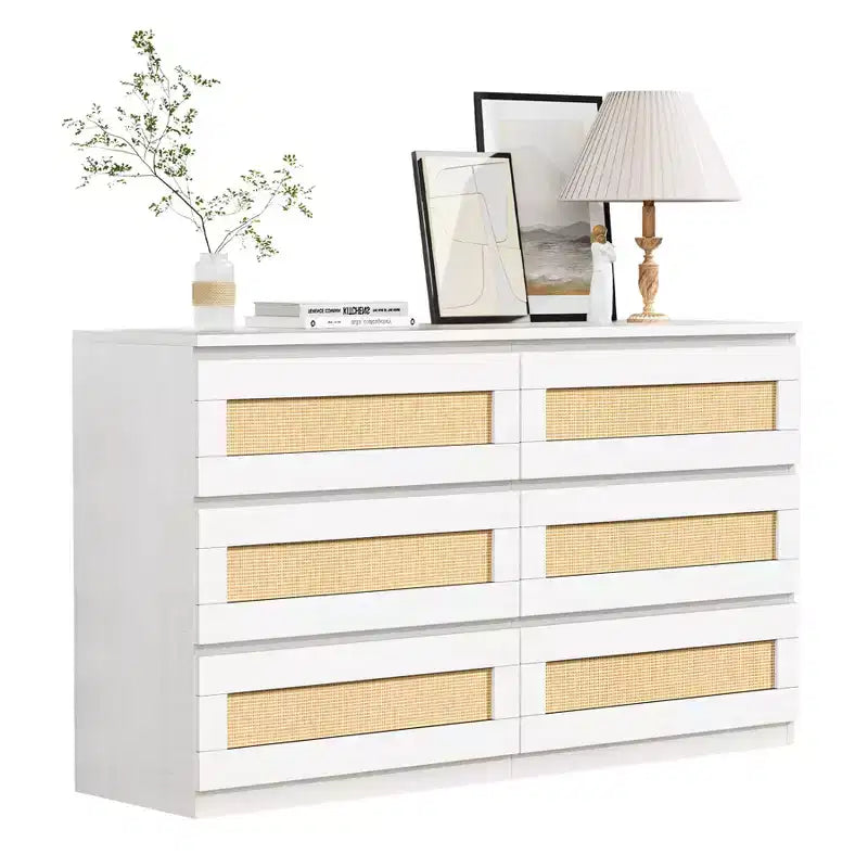 Commode 6 tiroirs en bois et rotin avec station de charge et base solide, organisateur de rangement pour salon, couloir