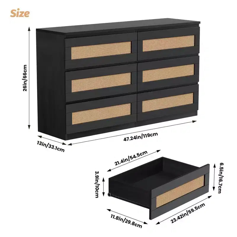 Commode 6 tiroirs en bois et rotin avec station de charge et base solide, organisateur de rangement pour salon, couloir
