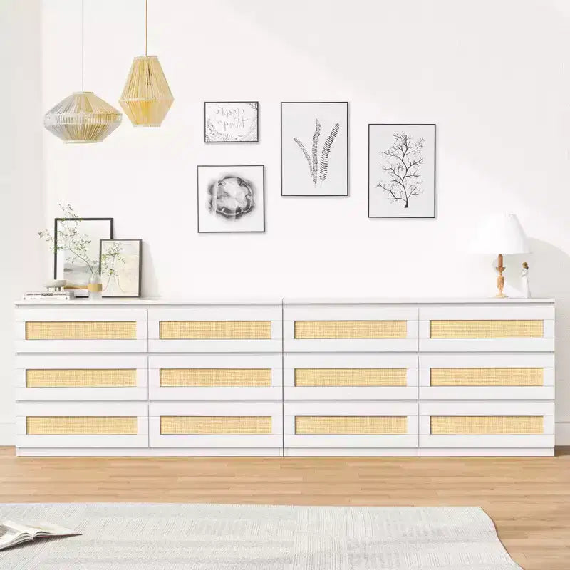 Commode 6 tiroirs en bois et rotin avec station de charge et base solide, organisateur de rangement pour salon, couloir