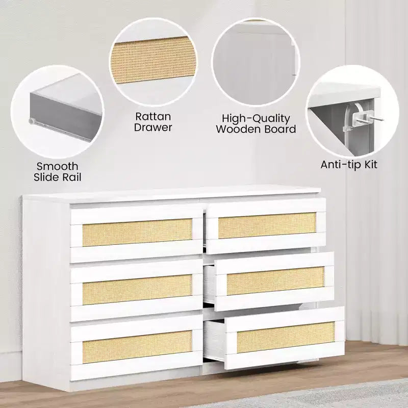 Commode 6 tiroirs en bois et rotin avec station de charge et base solide, organisateur de rangement pour salon, couloir
