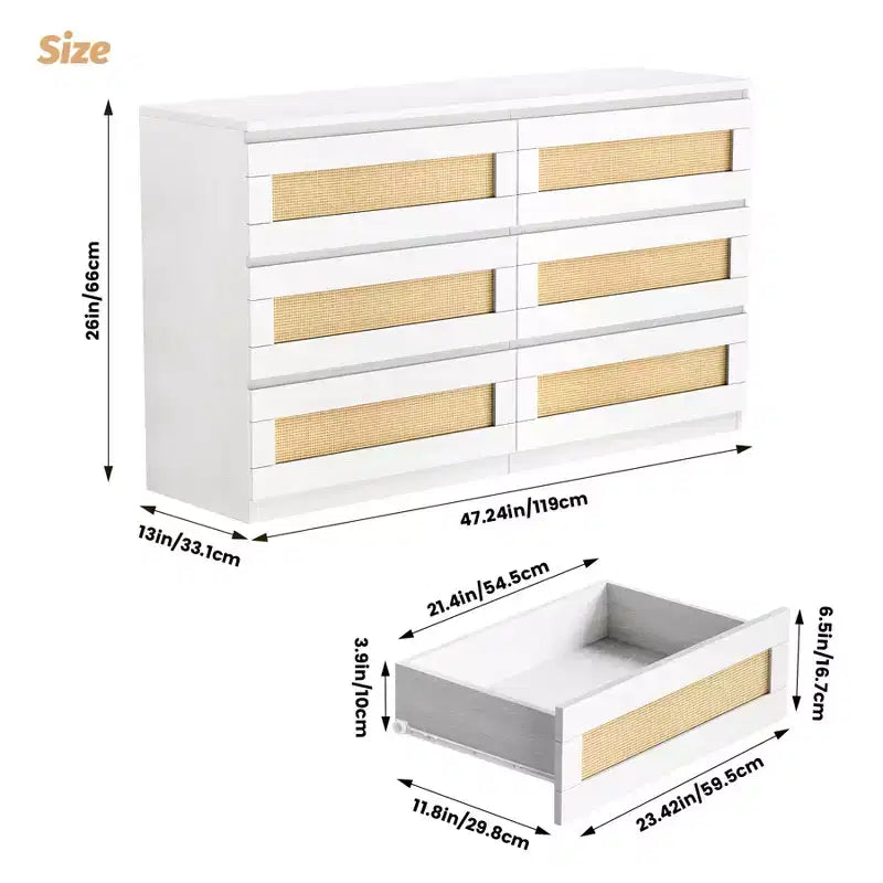 Commode 6 tiroirs en bois et rotin avec station de charge et base solide, organisateur de rangement pour salon, couloir
